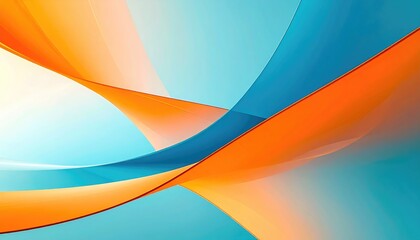 A vibrant abstract design features flowing ribbons of orange and blue over a soft gradient background of cyan and pale yellow