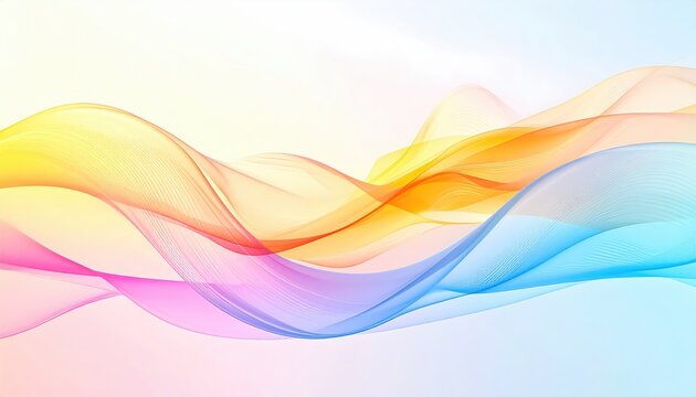 Flowing, multicolored, translucent ribbons cascade across a gradient background. These abstract elements evoke movement and vibrancy