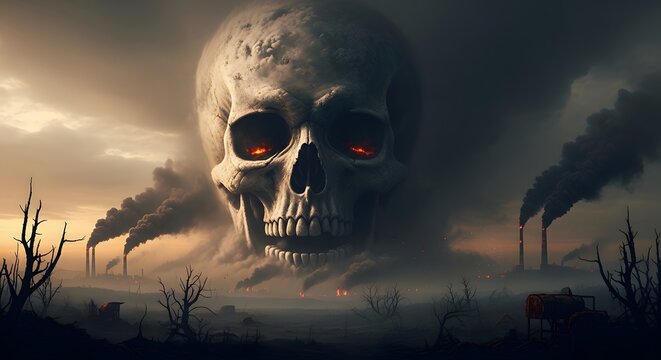 A large, ominous skull floating over a polluted industrial landscape with dark clouds and smoke stacks emitting fumes into the sky