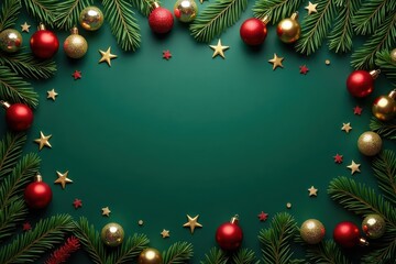 Christmas flat lay composition on green background with red and golden Christmas balls, green fir tree branches and star Christmas decorations. Free space for your text