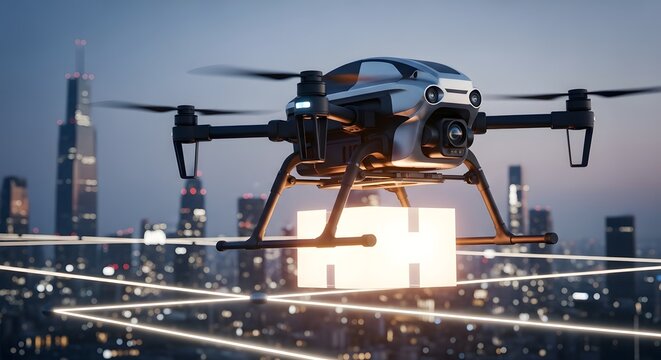 A modern drone flying over a cityscape during twilight with illuminated buildings and a clear sky in the background