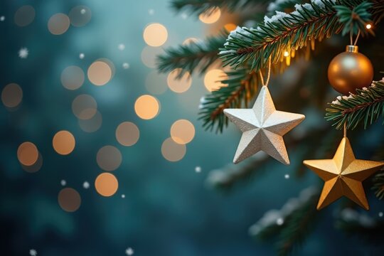 Winter Christmas and New year's background. Decorated festive Christmas tree with yellow stars against background of night, falling snow and colorful bokeh lights