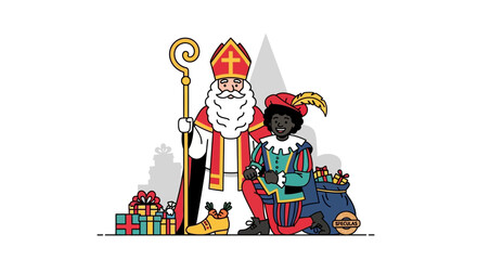 A kindly bishop figure and his costumed companion with a sack of presents, celebrating a traditional European winter festival