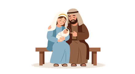 Fototapeta premium The Holy Family A Peaceful Depiction of Mary, Joseph, and Baby Jesus on a Bench