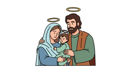 Outline illustration of a devoted family with halos, mother holding baby, father embracing them, symbolizing faith and spiritual bond