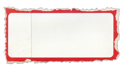 Vintage torn label with red border isolated on white background
