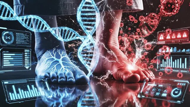 Two bare feet symbolize health and disease, surrounded by futuristic graphics, DNA, and medical data
