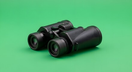 A pair of black binoculars placed on a vibrant green background for outdoor or wildlife observation activities