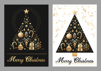 Merry Christmas Luxury Gold greeting cards design, stylized christmas tree on decorative background, golden elements, star, ball sphere, baubles, pine cone, ribbons, presents, decorations