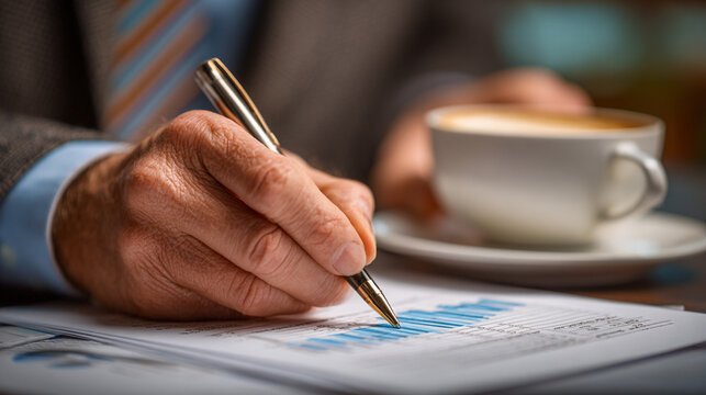 An investment manager’s hand holding a pen over a financial report, coffee nearby, capturing a focused moment of analysis, professionalism, and strategic decision-making.
