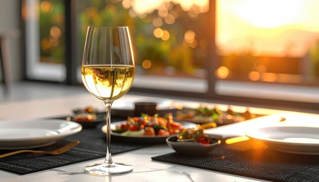 Wine in a glass on a marble table with food, plates, and sunset in the background