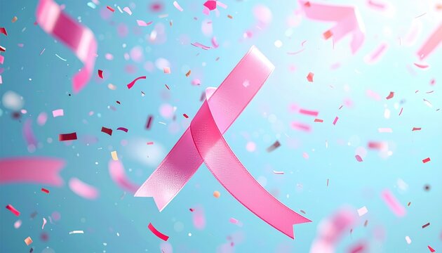 A vibrant composition featuring a prominent pink ribbon shape with a sky blue backdrop. Colorful confetti is raining down, lit by sunlight - Powered by Adobe