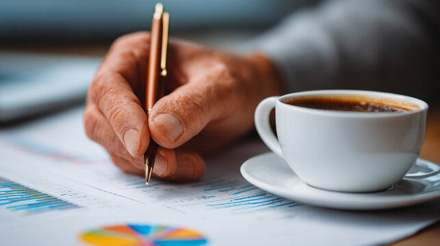 An investment manager’s hand holding a pen over a financial report, coffee nearby, capturing a focused moment of analysis, professionalism, and strategic decision-making. - Powered by Adobe