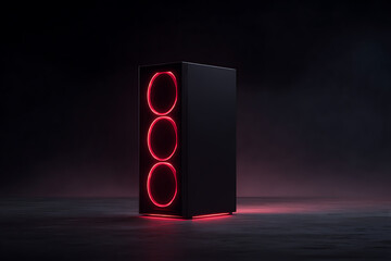 gaming setup, pc tower with rgb lighting sits on desk, surrounded by cinematic light haze, highlighting transparent case and glowing fans