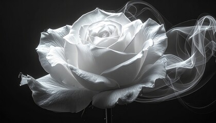 Elegant close-up of a white rose with flowing smoke effect against a dark background. Dramatic lighting and soft focus