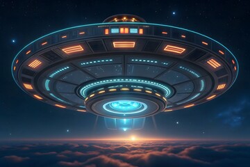 Futuristic alien spaceship hovering over clouds at night with glowing lights