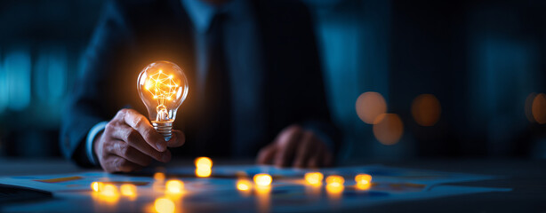 Businessman holding glowing light bulb symbolizes innovative ideas and creativity dark setting