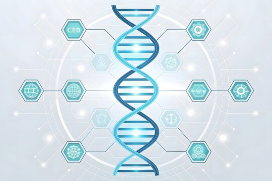 Abstract dna helix with interconnected hexagonal nodes and glowing particles - Powered by Adobe