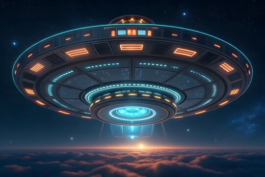 Futuristic alien spaceship hovering over clouds at night with glowing lights