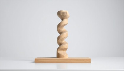A crafted wooden sculpture featuring a central, spiraling column atop a rectangular base, suggesting organic movement and artistic design