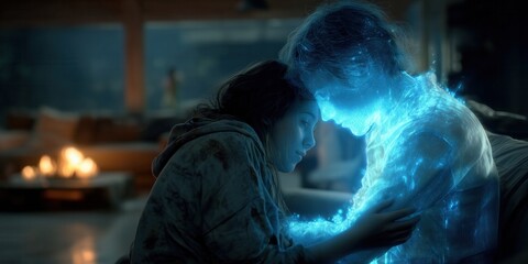 Young woman tenderly embraces glowing starry holographic man on couch by warm light. Emotional human-AI connection, deep emotional bond, futuristic romance, intimate digital companionship.