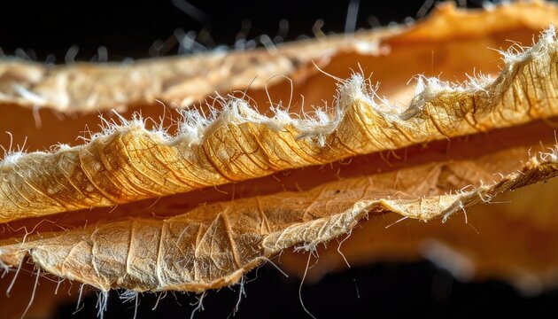 Close-up macro of a decaying leaf, showing intricate details, textures and the play of light on the edges, set against a dark backdrop