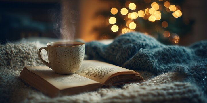 Steaming coffee mug on open book with knit blanket against blurred Christmas tree lights. Cozy hygge reading moment, warm winter evening vibe. - Powered by Adobe