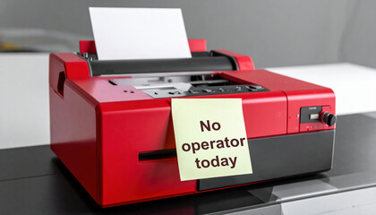 Red printer note no operator today highlights workplace problem. This absence reflects current labor market shortages and frustration of equipment left unused