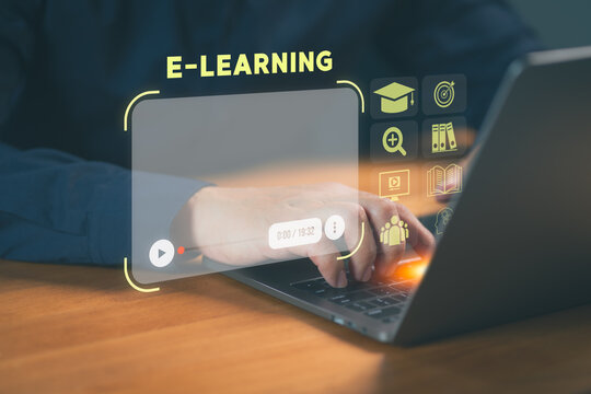E-learning concept with person using a laptop and virtual education icons, representing online courses, digital training, remote study, virtual classrooms, and modern learning technology.