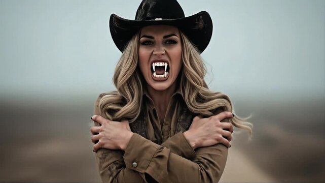 Cowgirl Vampire Woman in Dirty Clothes and Black Hat Crossing Arms and Revealing Fangs Outdoors Close-Up