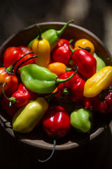Bowl of colorful pimento peppers, a mainstay of Caribbean cuisine, on a wooden table with dappled light