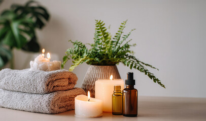 Spa relaxation setup with towels, candles, essential oils, and a plant arranged on a wooden table creating a calming atmosphere for wellness