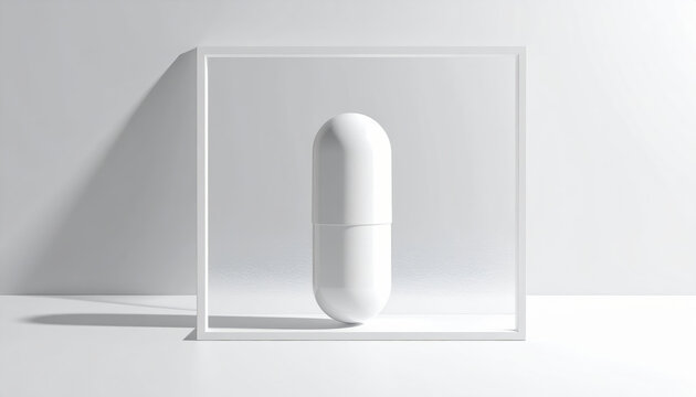 Hopeful medical drug discovery using advanced ai technology. minimalist white capsule in transparent box concept for future science and pharmaceutical innovation