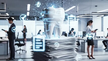 Digitized tooth on paper stack in office with people and glowing data overlays - Powered by Adobe