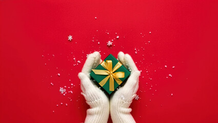 Festive hands holding a small green gift box with a golden ribbon on a bright red background with snowflakes