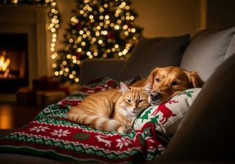 Sleepy dog and cat relaxing together on a cozy couch with a Christmas blanket, fireplace and decorated tree in background.