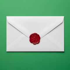 A white envelope sealed with a red wax stamp on a vibrant green background, symbolizing communication, confidentiality, or formal correspondence