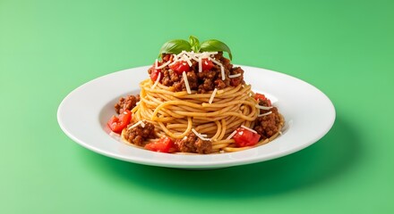 A plate of spaghetti with meat sauce topped with basil and grated cheese on a green background