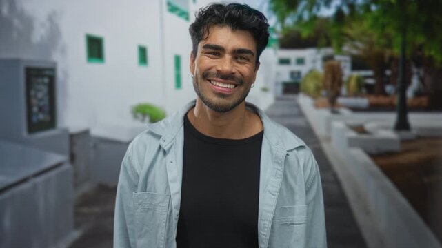 Young hispanic man performing glasses gesture on city street in front of white building; playful joy.