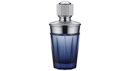 Isolated blue glass perfume bottle with silver cap and rounded topper, beauty product 
