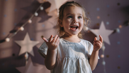 Little girl singing, joyful child performance, star themed kids stage