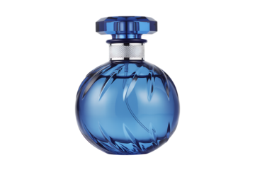 Elegant transparent bottle of blue perfume isolated on a transparent background 
