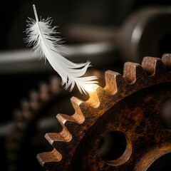 A close-up of a rusty gear with a delicate white feather resting on its teeth, symbolizing the contrast between industrial machinery and natural elements