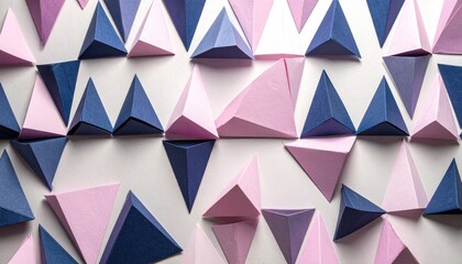 Close-up of wall art featuring numerous 3D triangular prism shapes in various shades of blue and pink