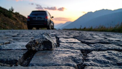 A stone road leads the eye toward a car and distant mountains bathed in the soft light of a sunset. The sky glows