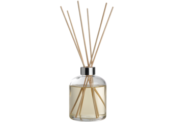 Glass bottle with diffuser reeds and essential oil for home fragrance 
