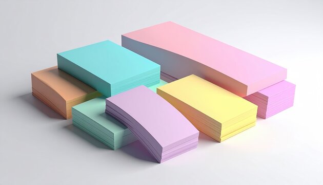 Assortment of pastel-colored paper stacks, artfully arranged and casting gentle shadows on a white surface, creating a visual harmony