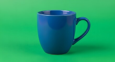 A simple and vibrant blue ceramic mug placed on a bright green background, perfect for enjoying hot beverages in a colorful setting
