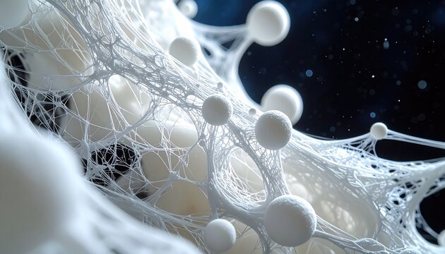 Close-up view of a complex, abstract 3D artwork featuring interconnected organic forms and floating spheres against a dark, bokeh background