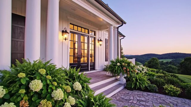 Elegant porch scene with white columns, black doors, and lush green plants at dusk